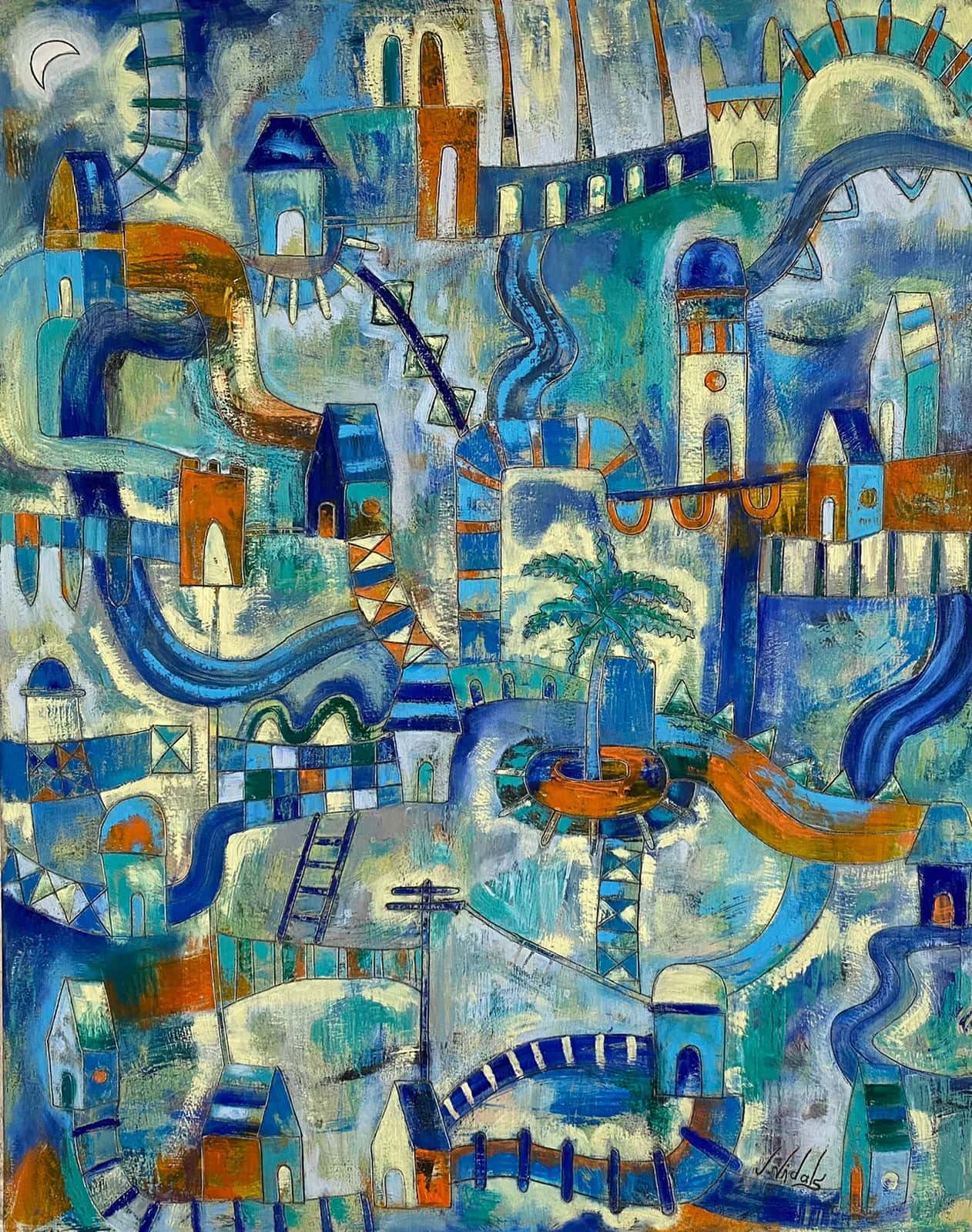 Obra "Palmera en la laguna" de Jorge Vidals, representada por Aura Galerías