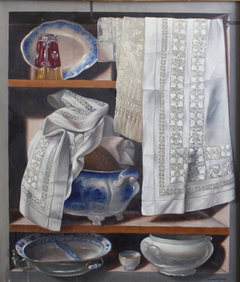 Obra "Alacena con vaso rojo, Oleo sobre tela, 80 x 70 cm, por Benjamin Dominguez — Aura Galerías" de Benjamin Dominguez, representada por Aura Galerías
