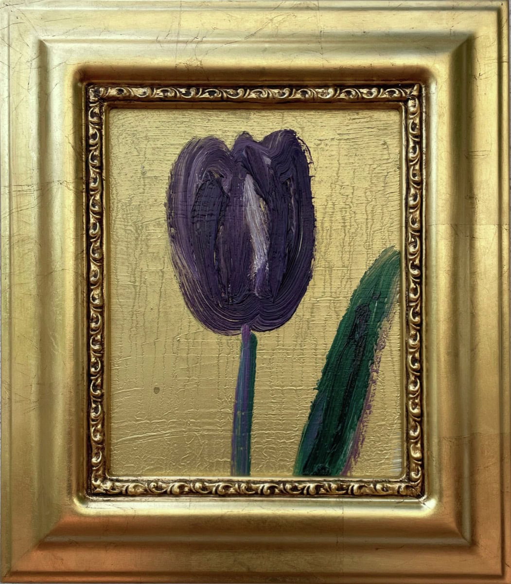 Roy Leaf, oil on wood painting by Hunt Slonem, 10 x 8 in, 2023, in antique frame — Aura Galerías