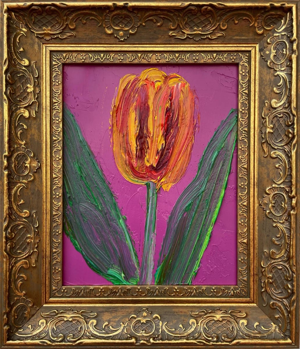Single Flower, oil on wood painting by Hunt Slonem, 10 x 8 in, 2023, in antique frame — Aura Galerías