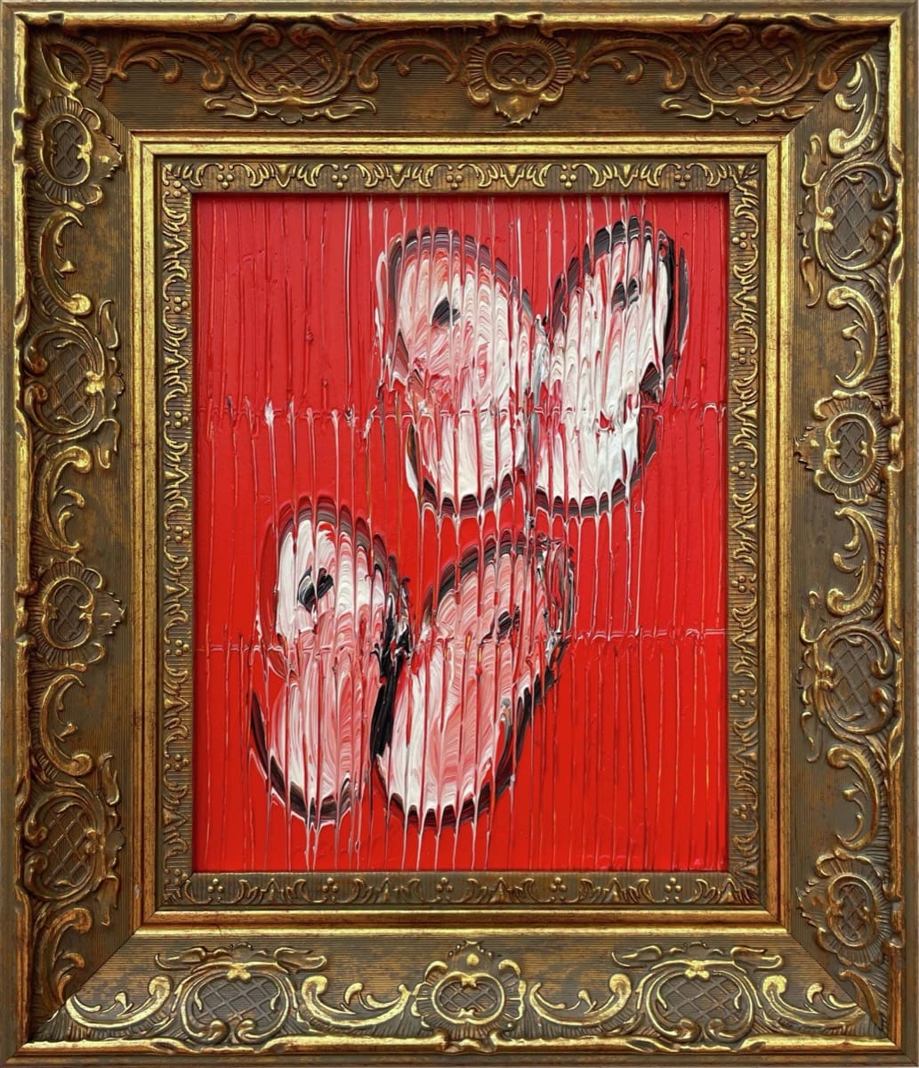 Two on Red, oil on wood painting by Hunt Slonem, 10 x 8 in, 2023, in antique frame — Aura Galerías