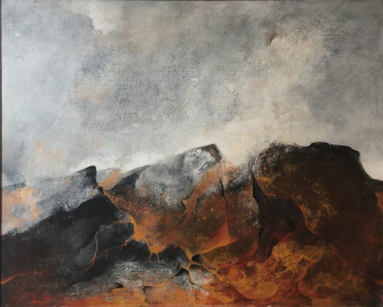 Obra "Rocas y llamas, Óleo sobre Tela, 90 x 120 cm, por Byron Gálvez — Aura Galerías" de Byron Gálvez, representada por Aura Galerías