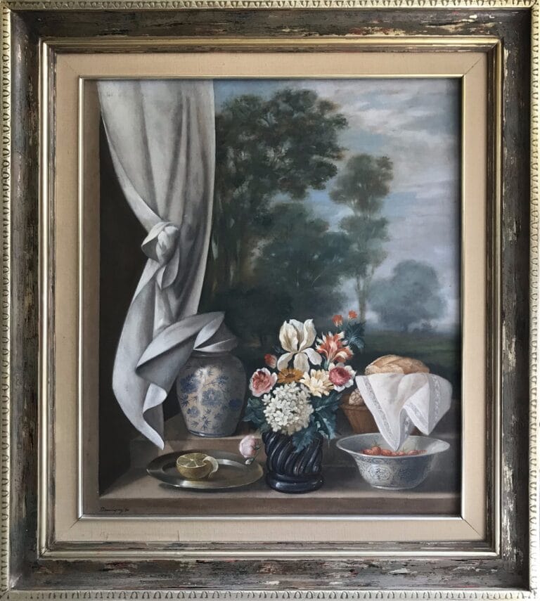 Obra "Ventana y paisaje, Oleo sobre tela, 80 x 70 cm, por Benjamin Dominguez — Aura Galerías" de Benjamin Dominguez, representada por Aura Galerías